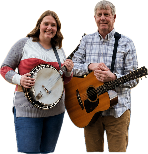Peace of Bluegrass musicians holding a banjo and guitar
